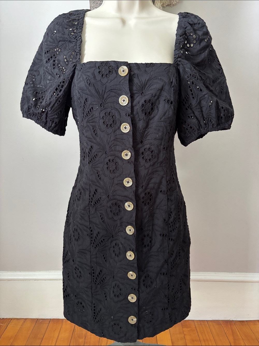 Free People Black Eyelet Button-Front Square Neck Dress 100% cotton fully lined.